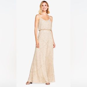 Adriana Papell Art Deco Beaded Blouson Gown in Champ Gold Size 2